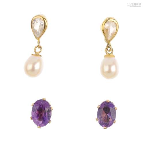 Five pairs of gem-set earrings. To include a pair of ruby drop earrings, a pair of amethyst stud