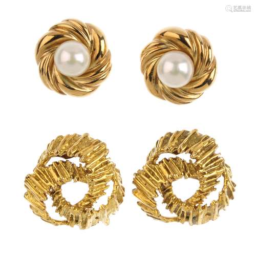 Four pairs of earrings. To include a pair of 9ct gold cultured pearl earrings, a pair of 9ct gold