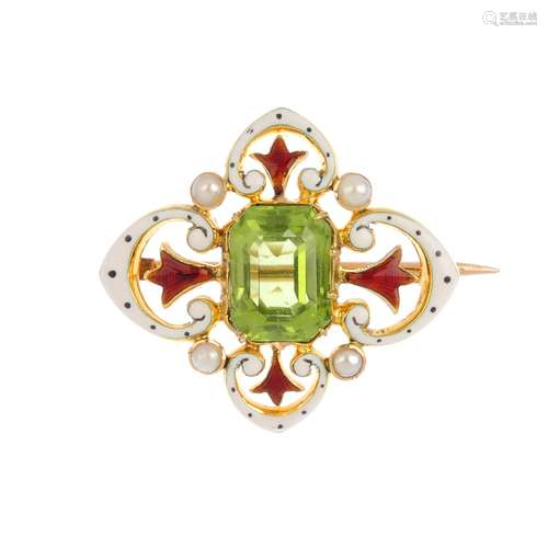 An early 20th century 15ct gold peridot and enamel brooch. The rectangular-shape peridot, within