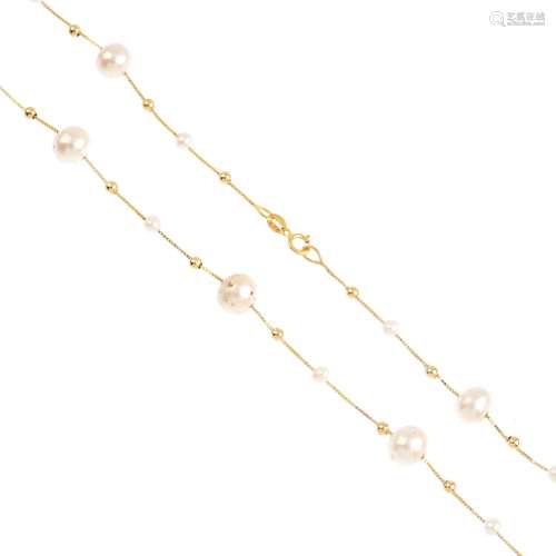 A cultured pearl necklace. Designed as a series of cultured pearls, measuring 8mms, with bead and