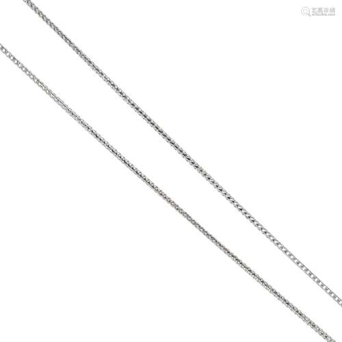 An 18ct gold chain. Comprising a series of plain links, to the lobster clasp. Hallmarks for