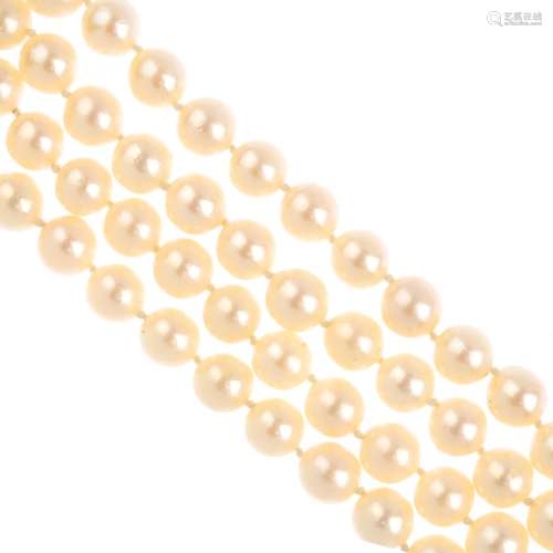 A cultured pearl two-strand necklace, with gem-set clasp. Comprising two rows of fifty-two and