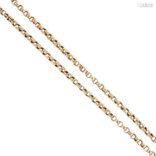 An early 20th century gold longuard chain. Comprising a series of box links. Length 173cms. Weight