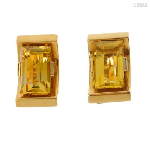 A pair of mid 20th century gold heliodor earrings. Each designed as a rectangular-shape heliodor,