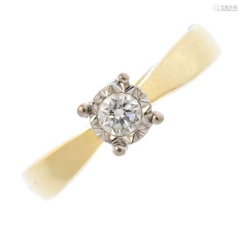An 18ct gold diamond single-stone ring. The brilliant-cut diamond, with illusion-setting and tapered