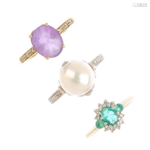 Five gem-set rings. To include a 9ct gold emerald and diamond cluster ring, a cultured pearl and