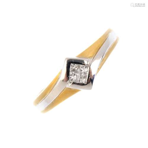 An 18ct gold diamond ring. Of bi-colour asymmetric design, the four square-cut diamond collet,