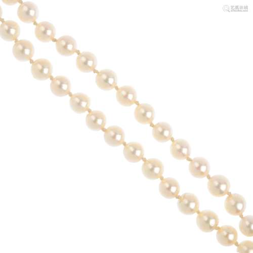 A cultured pearl necklace. Comprising a series of seventy-nine cultured pearls, measuring 7 to 6.