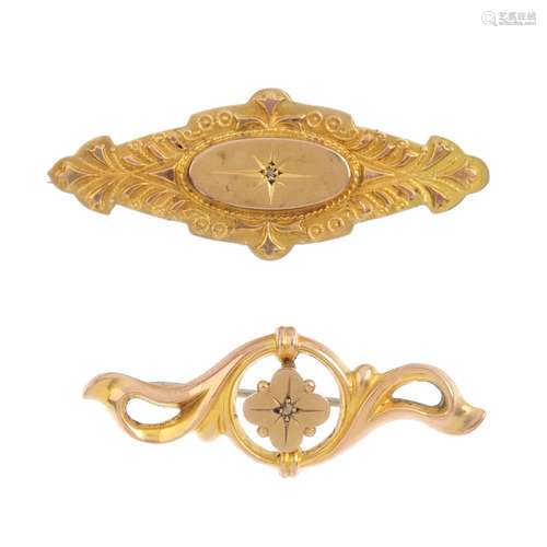 Three early 20th century gem-set brooches. To include two diamond point accent bar brooches,