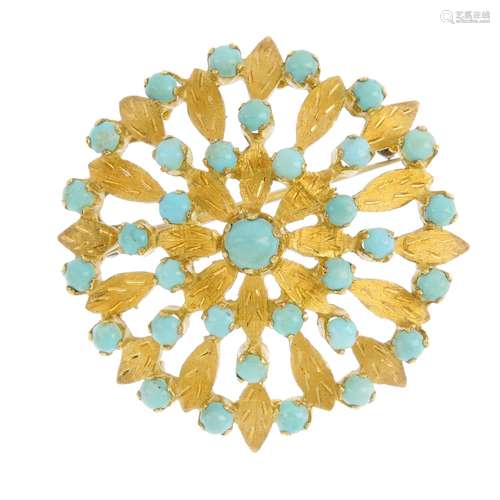 A turquoise brooch. Designed as a circular turquoise cabochon openwork cluster, with textured leaf