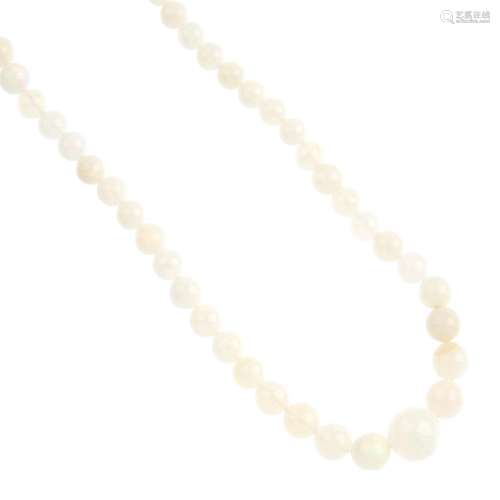 An opal bead single-strand necklace. Designed as a series of graduated opal beads, measuring 10.5 to