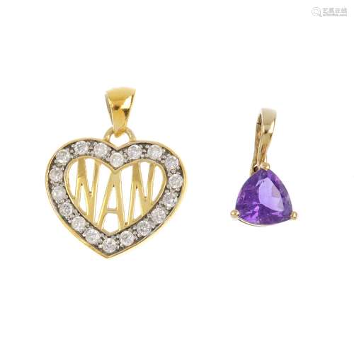 Two gem-set pendants. To include a triangular-shape amethyst pendant, together with a cubic zirconia