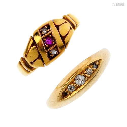 Two diamond and gem-set rings. To include an early 20th century 18ct gold old-cut diamond five-stone