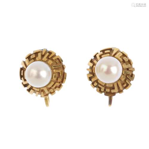 A selection of earrings. To include a pair of 9ct gold cultured pearl earrings, a single 9ct gold