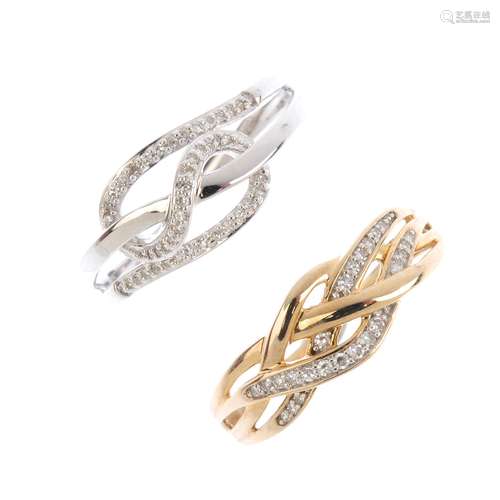 Two 9ct gold diamond dress rings. The first designed as a series of single-cut diamond line woven