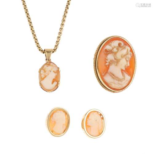 A selection of shell cameo jewellery. To include a 9ct gold brooch, a pair of earrings, together