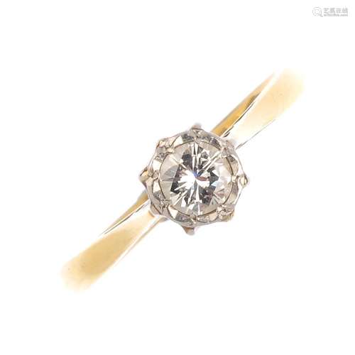 A mid 20th century 18ct gold diamond single-stone ring. The brilliant-cut diamond, with tapered