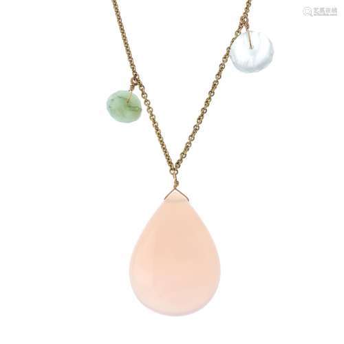 A gem-set necklace. The belcher-link chain, suspending pear-shape rose quartz cabochon drop and