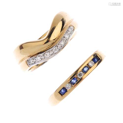 Two 9ct gold gem-set rings. The first a circular-shape sapphire and brilliant-cut diamond half