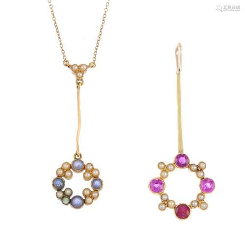 Two split pearl and gem-set pendants. To include circular-shape pink sapphire and split pearl