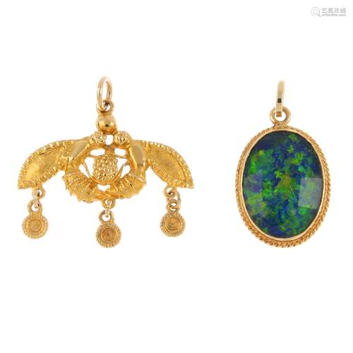 Two pendants. To include an oval opal triplet cabochon pendant, together with a bee pendant. Lengths