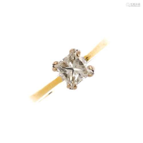 An 18ct gold diamond single-stone ring. The square-shape diamond, with tapered band. Diamond