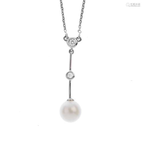 An 18ct gold cultured pearl and diamond necklace. The cultured pearl, measuring 7mms, with