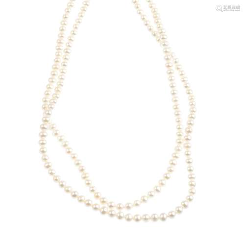 Three cultured pearl two-row necklaces. One with a 9ct gold single-cut diamond accent openwork