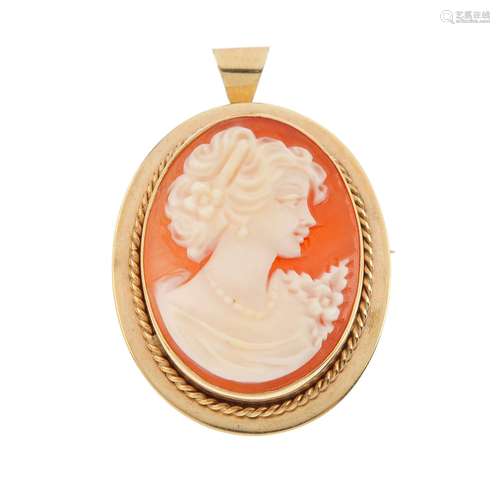 A 9ct gold cameo pendant. The oval cameo, carved to depict a lady in profile, with tapered surmount.