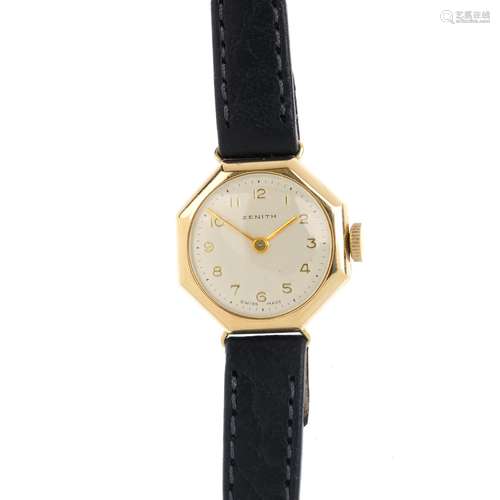 ZENITH - a lady's 1950's 9ct gold manual-wind wristwatch. The hexagonal-shape cream coloured dial,