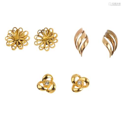 Three pairs of earrings and a single earring. To include a pair of coated colourless paste earrings,