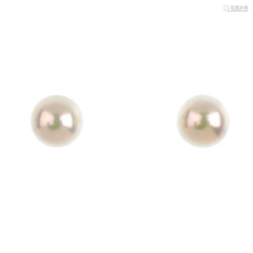 MIKIMOTO - a pair of cultured pearl stud earrings. Cultured pearls measuring 6.3 and 6.2mms. Maker's