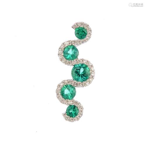 An emerald and diamond pendant. The graduated circular-shape emerald line, with single-cut diamond