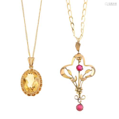 Two pendants. To include an early 20th century garnet-topped-doublet pendant, with a later 9ct