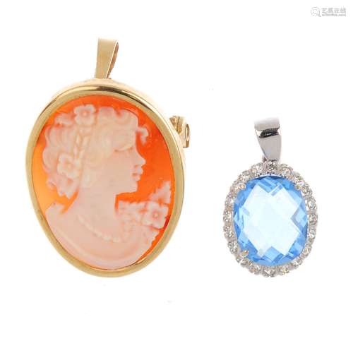 Two gem-set pendants. To include a shell cameo pendant, together with an oval-shape blue paste and