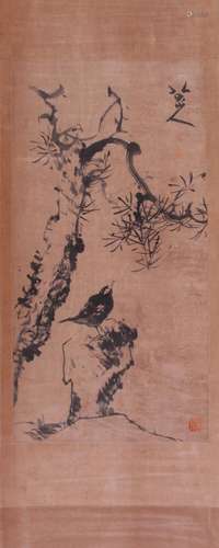 CHINESE SCROLL PAINTING OF BIRD ON ROCK WITH PUBLICATION