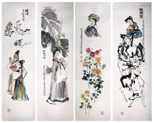 FOUR PANELS OF CHINESE SCROLL PAINTING OF GIRLS AND FLOWER