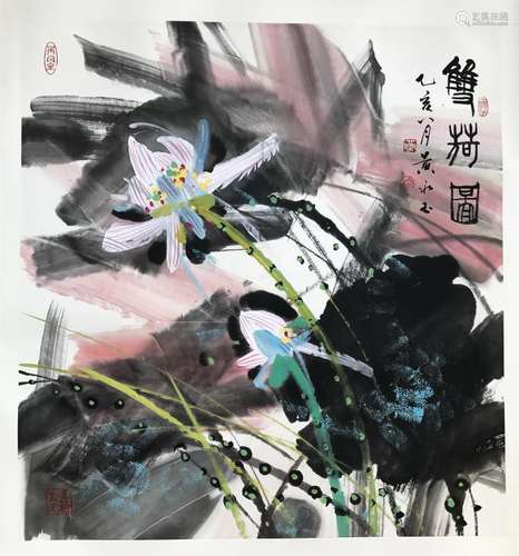 CHINESE SCROLL PAINTING OF LOTUS