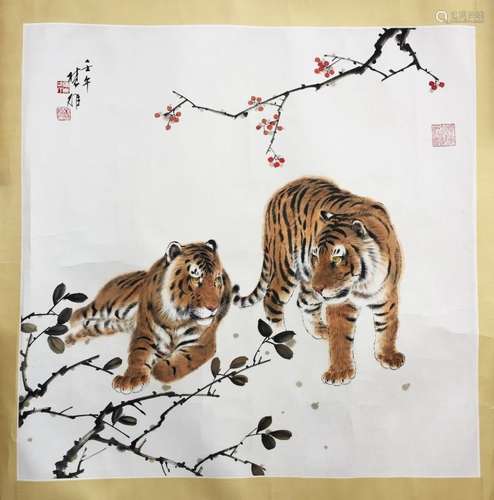 CHINESE SCROLL PAINTING OF TWO TIGERS