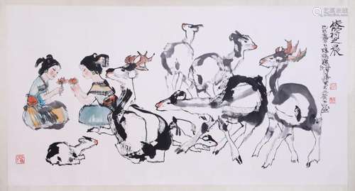 CHINESE SCROLL PAINTING OF GIRLS AND DEER WITH PUBLICATION