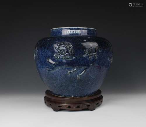 CHINESE PORCELAIN BLUE GLAZE BEAST JAR