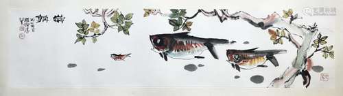 CHINESE SCROLL PAINTING OF FISH IN POND