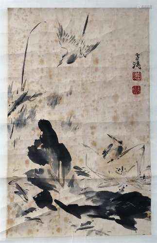 CHINESE SCROLL PAINTING OF BRID AND LOTUS