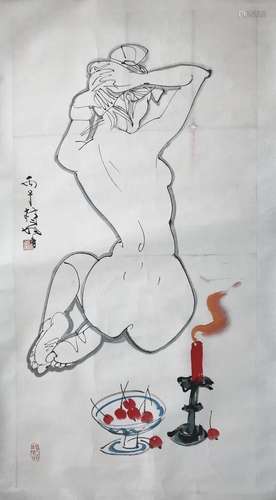 CHINESE SCROLL PAINTING OF A SEATED NUDE