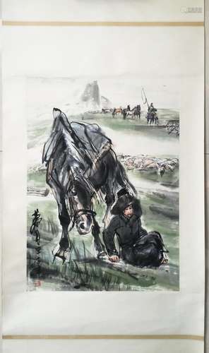 CHINESE SCROLL PAINTING OF GIRL AND HORSE