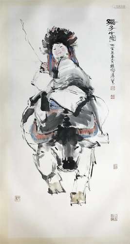 CHINESE SCROLL PAINTING OF GIRL ON BACK OF OX