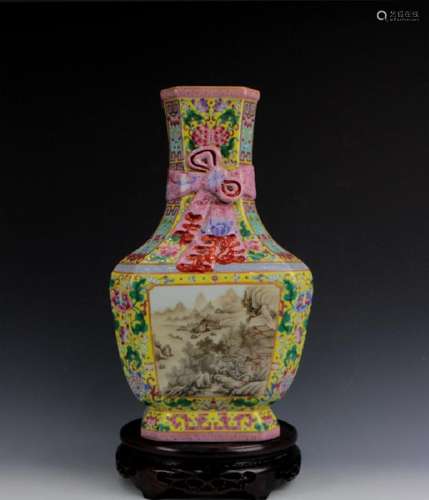 CHINESE PORCELAIN FAMILLE ROSE MOUNTAIN VIEWS SQUARE VASE