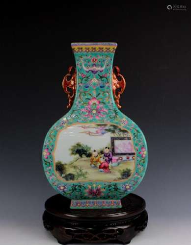 CHINESE PORCELAIN FAMILLE ROSE BOY PLAYING SQUARE VASE