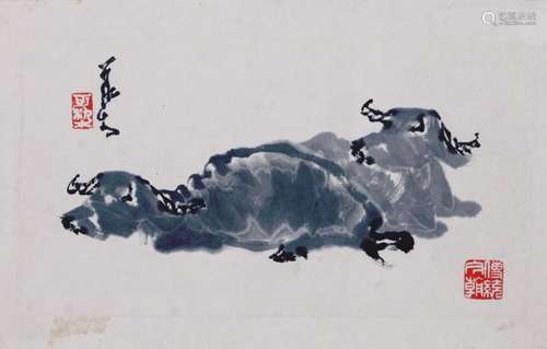 CHINESE SCROLL PAINTING OF TWO OXES WITH PUBLICATION