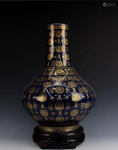 CHINESE PORCELAIN BLUE GROUND GOLD PAINTED VASE